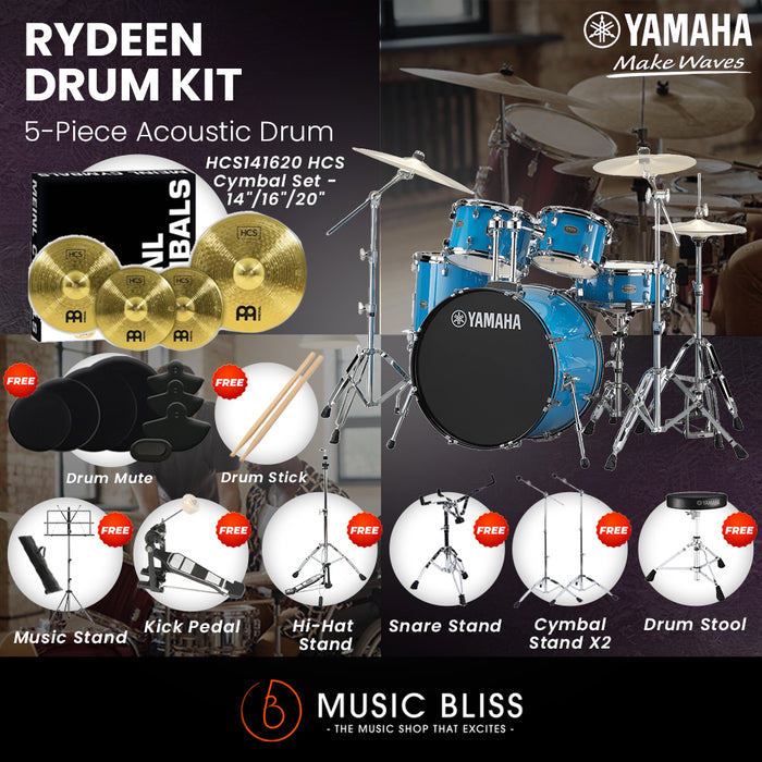 Yamaha Rydeen 5-Piece Acoustic Drum Kit – 22" Bass Drum – Shell Pack Only or Complete Package with Hardware & Cymbals - Sky Blue