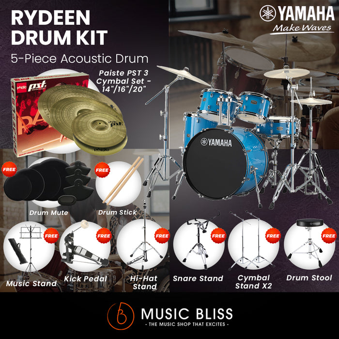 Yamaha Rydeen 5-Piece Acoustic Drum Kit – 22" Bass Drum – Shell Pack Only or Complete Package with Hardware & Cymbals - Sky Blue