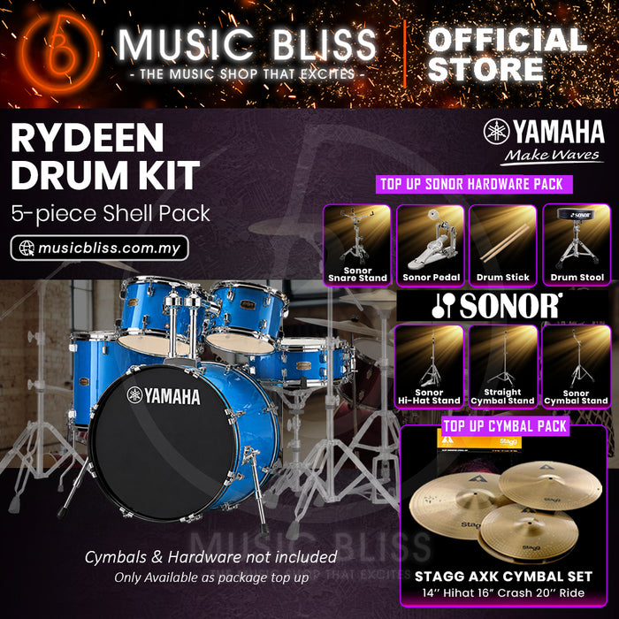 Yamaha Rydeen 5-Piece Acoustic Drum Kit – 22" Bass Drum – Shell Pack Only or Complete Package with Hardware & Cymbals - Sky Blue