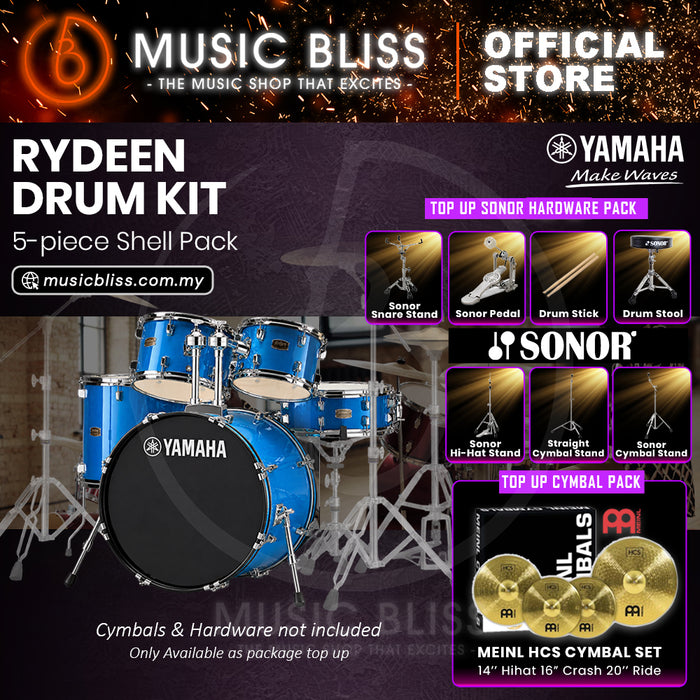 Yamaha Rydeen 5-Piece Acoustic Drum Kit – 22" Bass Drum – Shell Pack Only or Complete Package with Hardware & Cymbals - Sky Blue