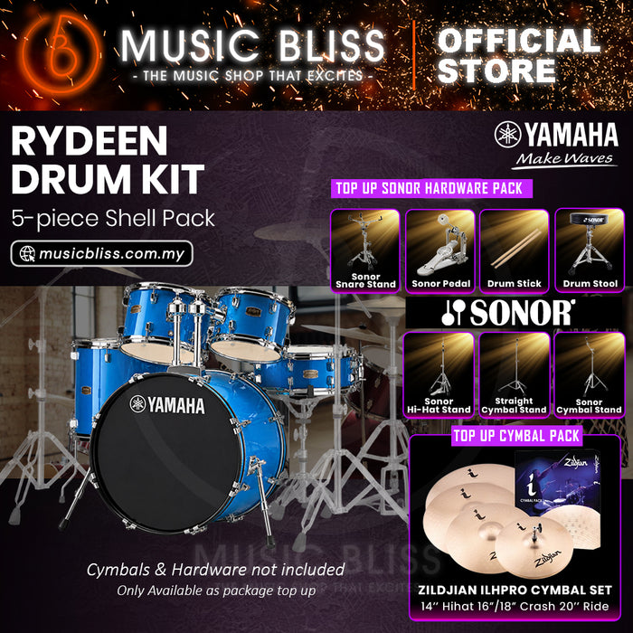 Yamaha Rydeen 5-Piece Acoustic Drum Kit – 22" Bass Drum – Shell Pack Only or Complete Package with Hardware & Cymbals - Sky Blue