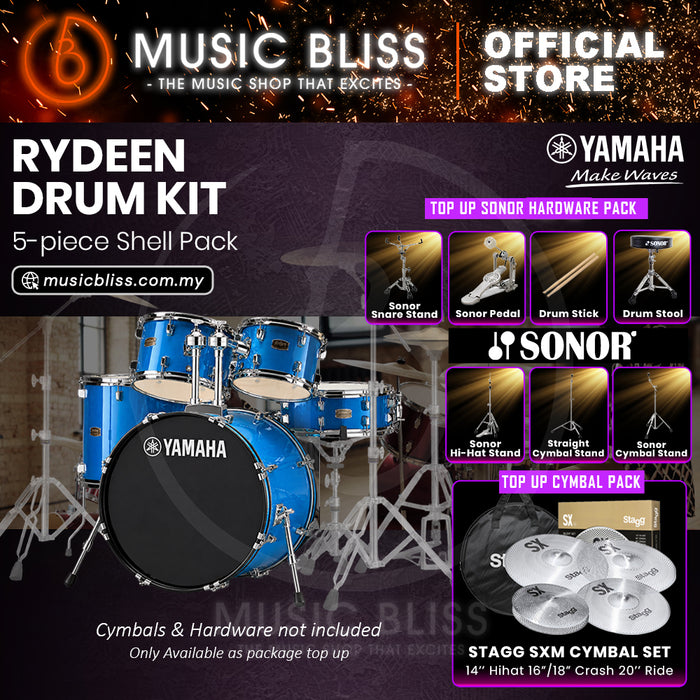 Yamaha Rydeen 5-Piece Acoustic Drum Kit – 22" Bass Drum – Shell Pack Only or Complete Package with Hardware & Cymbals - Sky Blue