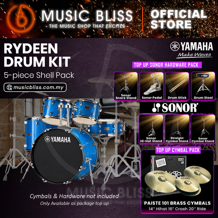Yamaha Rydeen 5-Piece Acoustic Drum Kit – 22" Bass Drum – Shell Pack Only or Complete Package with Hardware & Cymbals - Sky Blue