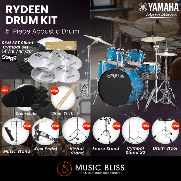 Yamaha Rydeen 5-Piece Acoustic Drum Kit – 22" Bass Drum – Shell Pack Only or Complete Package with Hardware & Cymbals - Sky Blue