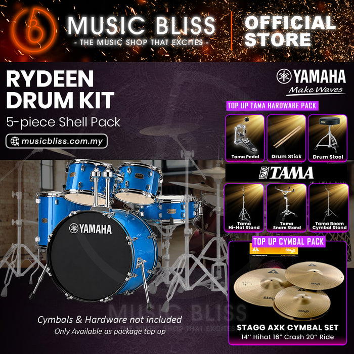 Yamaha Rydeen 5-Piece Acoustic Drum Kit – 22" Bass Drum – Shell Pack Only or Complete Package with Hardware & Cymbals - Sky Blue
