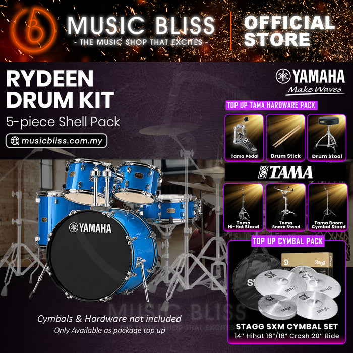 Yamaha Rydeen 5-Piece Acoustic Drum Kit – 22" Bass Drum – Shell Pack Only or Complete Package with Hardware & Cymbals - Sky Blue