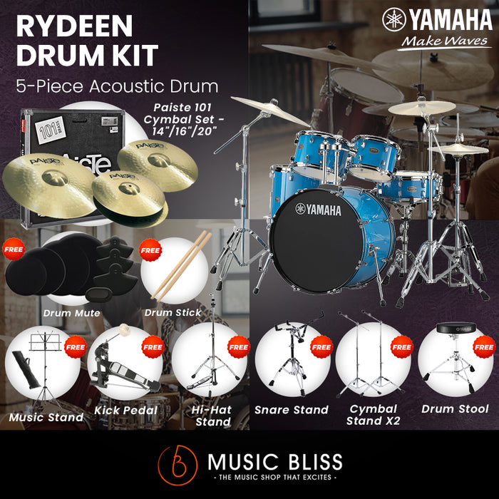 Yamaha Rydeen 5-Piece Acoustic Drum Kit – 22" Bass Drum – Shell Pack Only or Complete Package with Hardware & Cymbals - Sky Blue