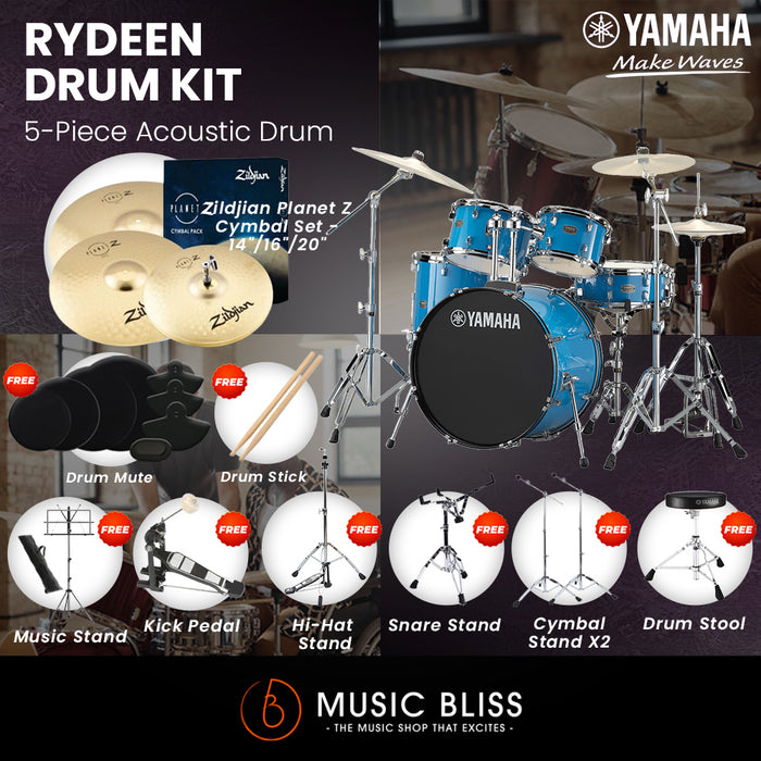 Yamaha Rydeen 5-Piece Acoustic Drum Kit – 22" Bass Drum – Shell Pack Only or Complete Package with Hardware & Cymbals - Sky Blue