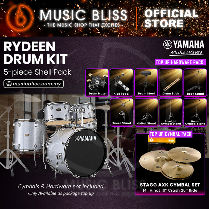 Yamaha Rydeen 5-Piece Acoustic Drum Kit – 22" Bass Drum – Shell Pack Only or Complete Package with Hardware & Cymbals - Silver Glitter