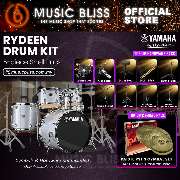Yamaha Rydeen 5-Piece Acoustic Drum Kit – 22" Bass Drum – Shell Pack Only or Complete Package with Hardware & Cymbals - Silver Glitter
