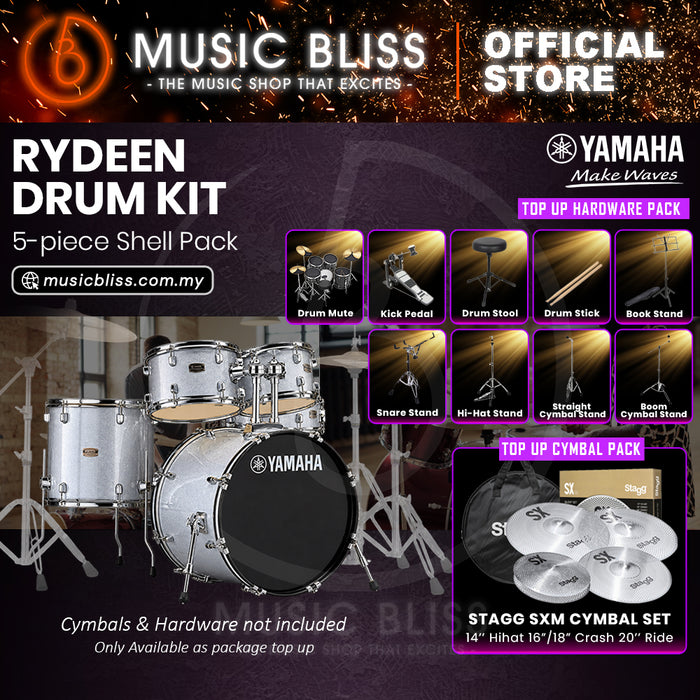 Yamaha Rydeen 5-Piece Acoustic Drum Kit – 22" Bass Drum – Shell Pack Only or Complete Package with Hardware & Cymbals - Silver Glitter