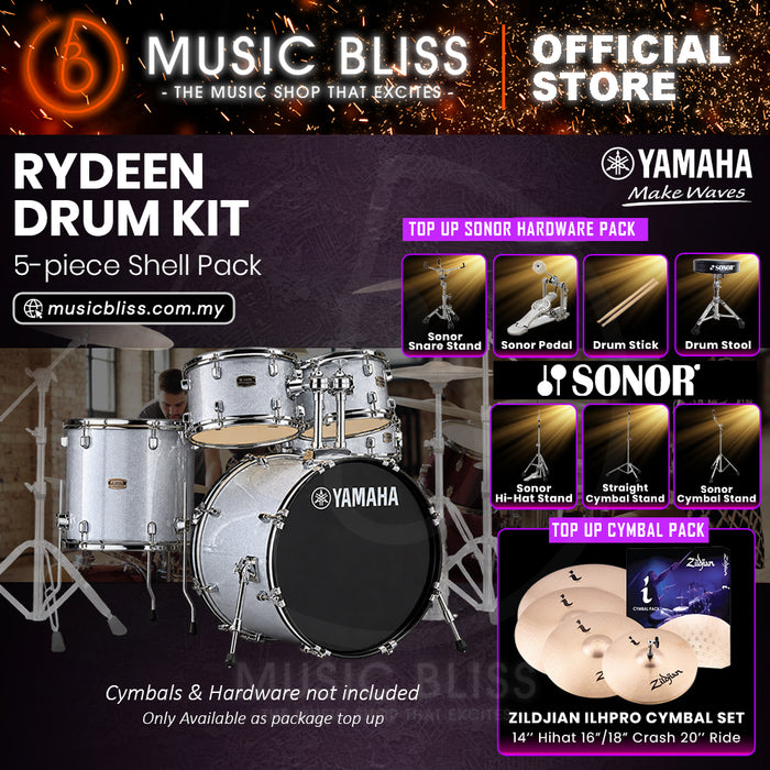 Yamaha Rydeen 5-Piece Acoustic Drum Kit – 22" Bass Drum – Shell Pack Only or Complete Package with Hardware & Cymbals - Silver Glitter
