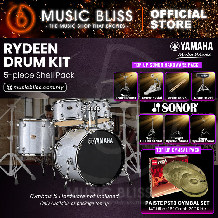 Yamaha Rydeen 5-Piece Acoustic Drum Kit – 22" Bass Drum – Shell Pack Only or Complete Package with Hardware & Cymbals - Silver Glitter