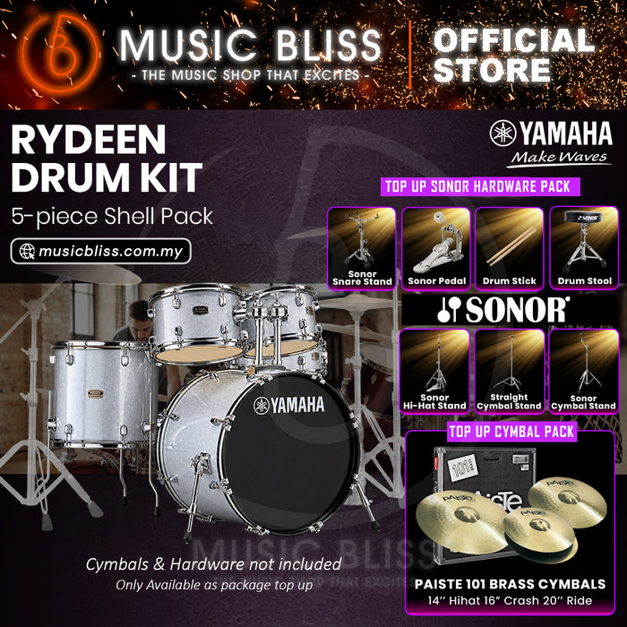Yamaha Rydeen 5-Piece Acoustic Drum Kit – 22" Bass Drum – Shell Pack Only or Complete Package with Hardware & Cymbals - Silver Glitter