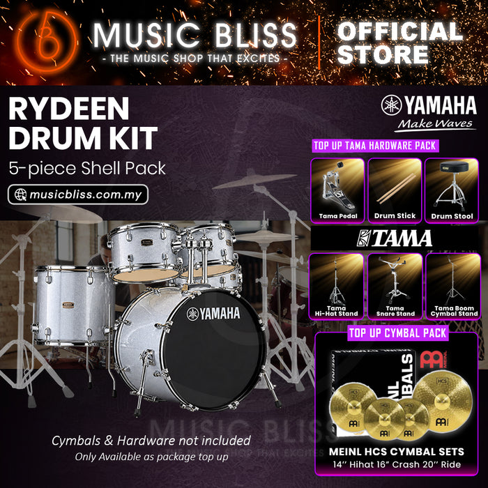 Yamaha Rydeen 5-Piece Acoustic Drum Kit – 22" Bass Drum – Shell Pack Only or Complete Package with Hardware & Cymbals - Silver Glitter
