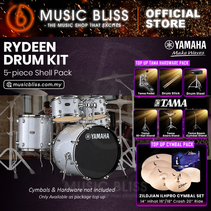 Yamaha Rydeen 5-Piece Acoustic Drum Kit – 22" Bass Drum – Shell Pack Only or Complete Package with Hardware & Cymbals - Silver Glitter