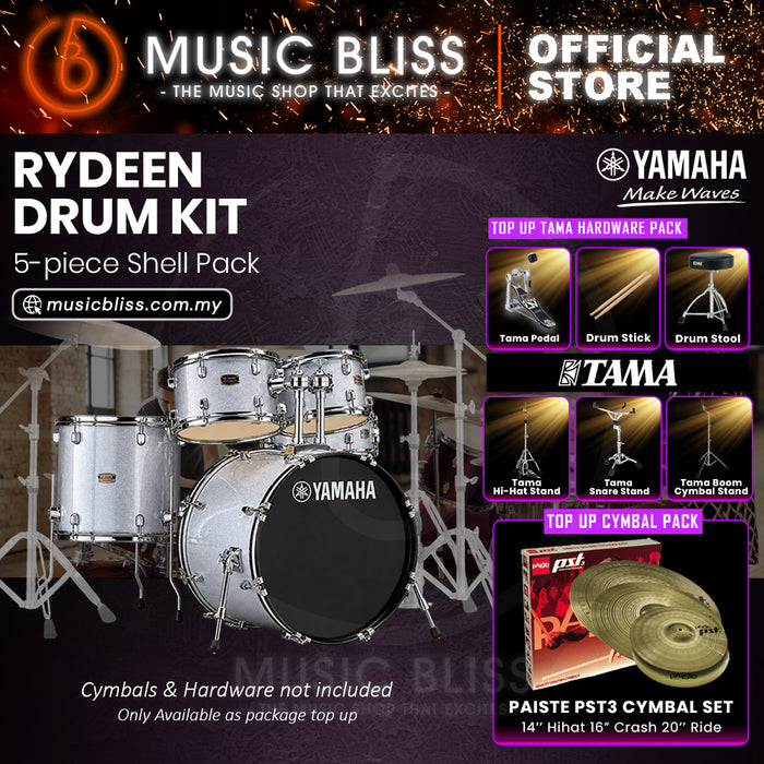 Yamaha Rydeen 5-Piece Acoustic Drum Kit – 22" Bass Drum – Shell Pack Only or Complete Package with Hardware & Cymbals - Silver Glitter