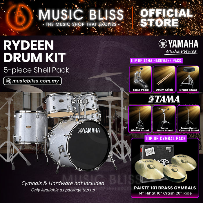 Yamaha Rydeen 5-Piece Acoustic Drum Kit – 22" Bass Drum – Shell Pack Only or Complete Package with Hardware & Cymbals - Silver Glitter
