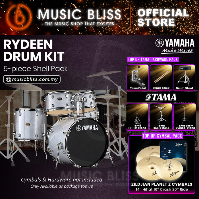 Yamaha Rydeen 5-Piece Acoustic Drum Kit – 22" Bass Drum – Shell Pack Only or Complete Package with Hardware & Cymbals - Silver Glitter