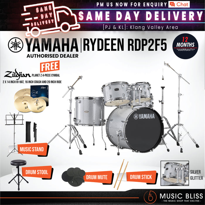 Yamaha Rydeen 5-Piece Drum Set without CYMBAL Set - 22" Kick - Silver Glitter - Music Bliss Malaysia