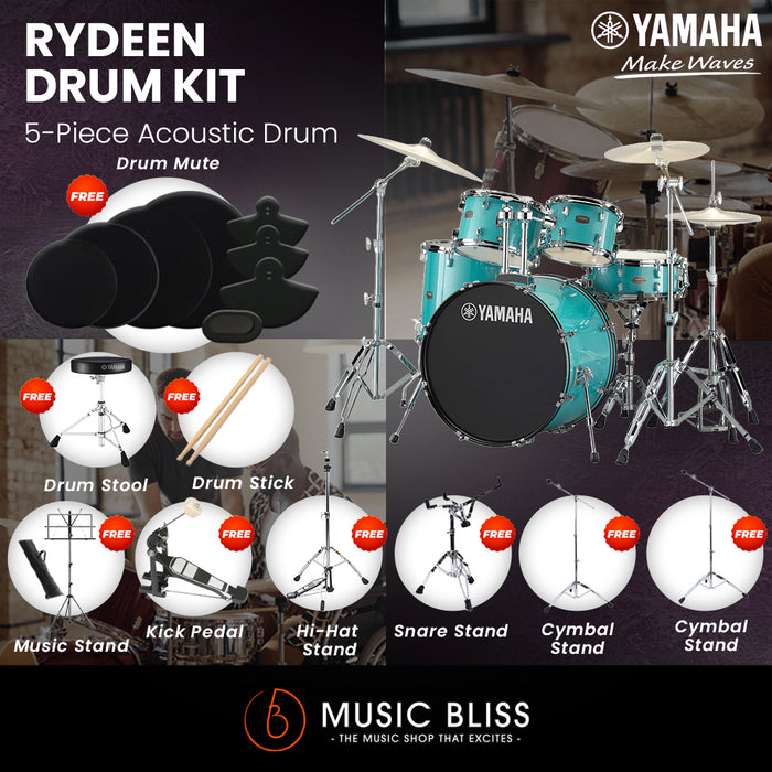 Yamaha Rydeen 5-Piece Acoustic Drum Kit – 22" Bass Drum – Shell Pack Only or Complete Package with Hardware & Cymbals - Turquoise Glitter