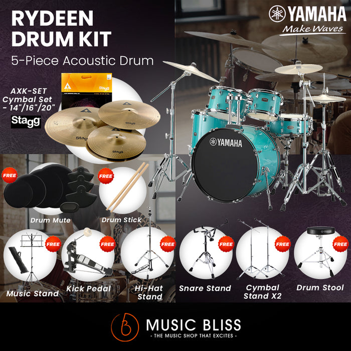 Yamaha Rydeen 5-Piece Acoustic Drum Kit – 22" Bass Drum – Shell Pack Only or Complete Package with Hardware & Cymbals - Turquoise Glitter