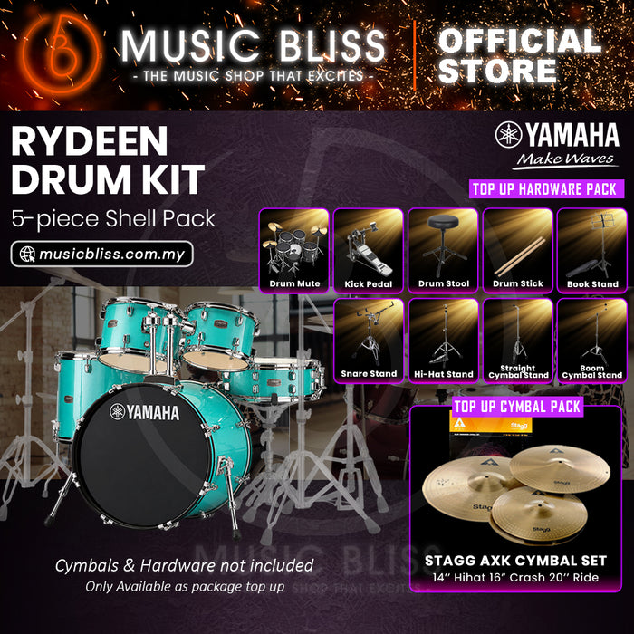 Yamaha Rydeen 5-Piece Acoustic Drum Kit – 22" Bass Drum – Shell Pack Only or Complete Package with Hardware & Cymbals - Turquoise Glitter