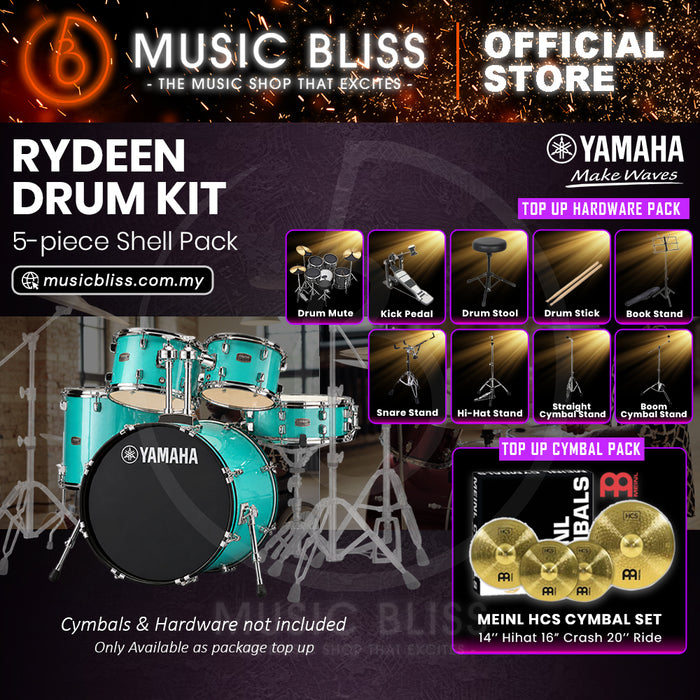 Yamaha Rydeen 5-Piece Acoustic Drum Kit – 22" Bass Drum – Shell Pack Only or Complete Package with Hardware & Cymbals - Turquoise Glitter