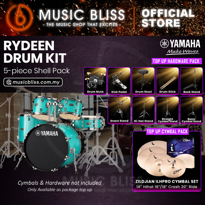 Yamaha Rydeen 5-Piece Acoustic Drum Kit – 22" Bass Drum – Shell Pack Only or Complete Package with Hardware & Cymbals - Turquoise Glitter