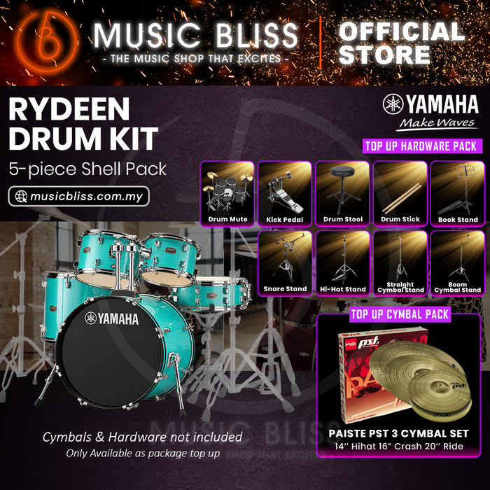 Yamaha Rydeen 5-Piece Acoustic Drum Kit – 22" Bass Drum – Shell Pack Only or Complete Package with Hardware & Cymbals - Turquoise Glitter