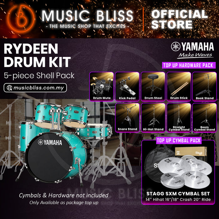 Yamaha Rydeen 5-Piece Acoustic Drum Kit – 22" Bass Drum – Shell Pack Only or Complete Package with Hardware & Cymbals - Turquoise Glitter