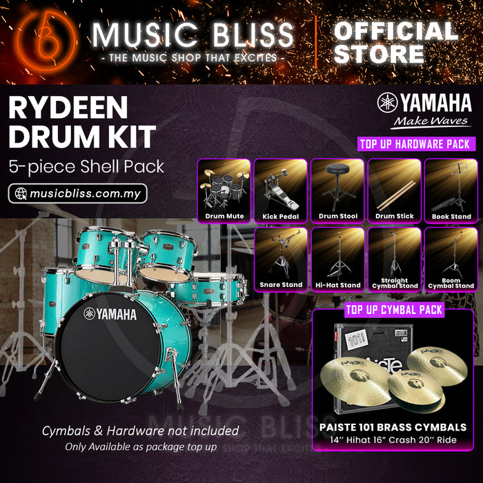 Yamaha Rydeen 5-Piece Acoustic Drum Kit – 22" Bass Drum – Shell Pack Only or Complete Package with Hardware & Cymbals - Turquoise Glitter