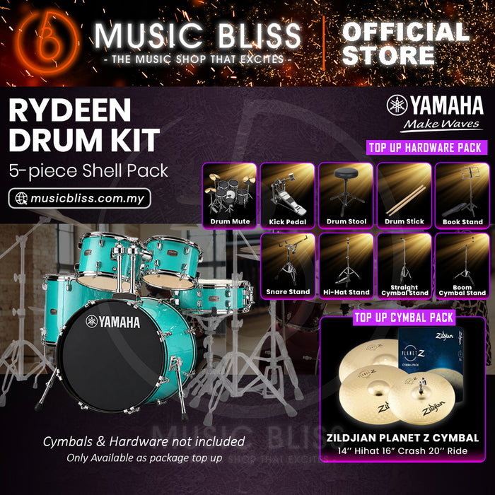 Yamaha Rydeen 5-Piece Acoustic Drum Kit – 22" Bass Drum – Shell Pack Only or Complete Package with Hardware & Cymbals - Turquoise Glitter