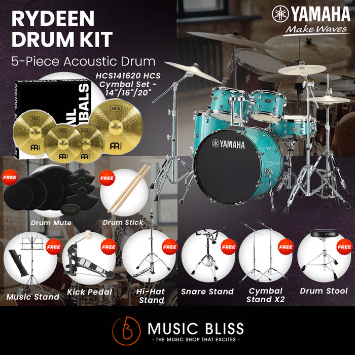 Yamaha Rydeen 5-Piece Acoustic Drum Kit – 22" Bass Drum – Shell Pack Only or Complete Package with Hardware & Cymbals - Turquoise Glitter