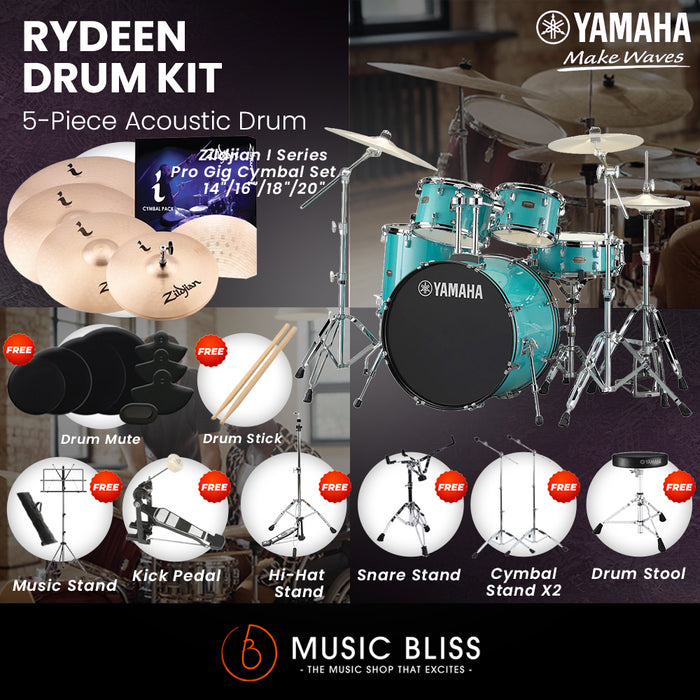 Yamaha Rydeen 5-Piece Acoustic Drum Kit – 22" Bass Drum – Shell Pack Only or Complete Package with Hardware & Cymbals - Turquoise Glitter