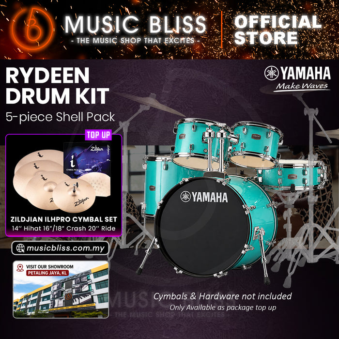 Yamaha Rydeen 5-Piece Acoustic Drum Kit – 22" Bass Drum – Shell Pack Only or Complete Package with Hardware & Cymbals - Turquoise Glitter