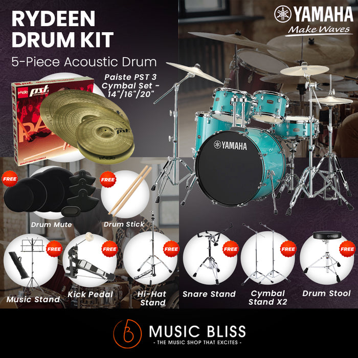 Yamaha Rydeen 5-Piece Acoustic Drum Kit – 22" Bass Drum – Shell Pack Only or Complete Package with Hardware & Cymbals - Turquoise Glitter
