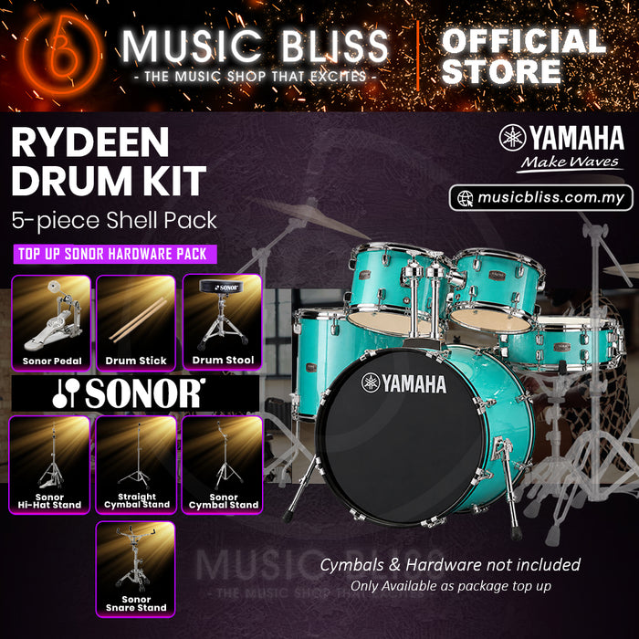 Yamaha Rydeen 5-Piece Acoustic Drum Kit – 22" Bass Drum – Shell Pack Only or Complete Package with Hardware & Cymbals - Turquoise Glitter