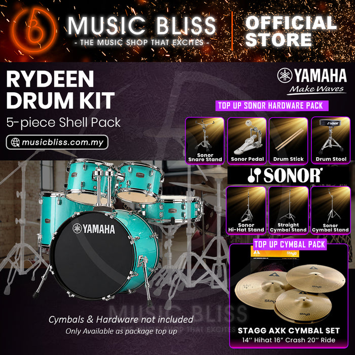 Yamaha Rydeen 5-Piece Acoustic Drum Kit – 22" Bass Drum – Shell Pack Only or Complete Package with Hardware & Cymbals - Turquoise Glitter