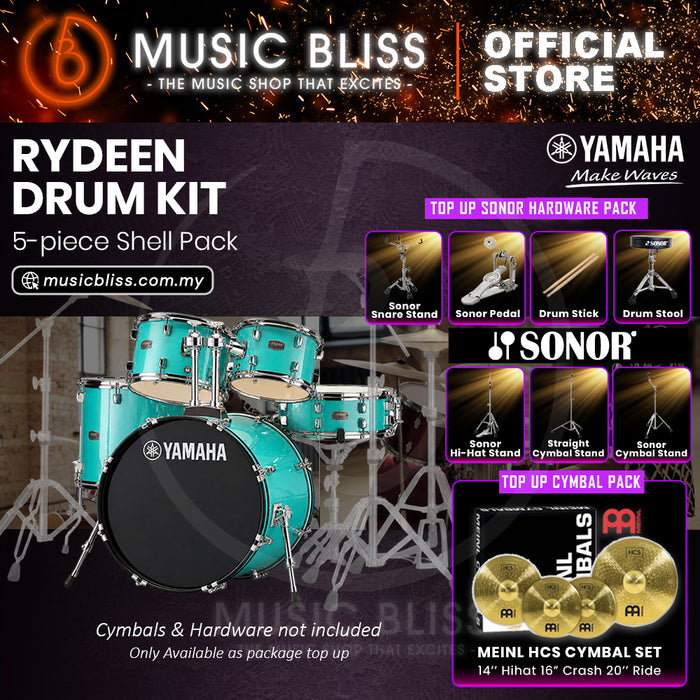 Yamaha Rydeen 5-Piece Acoustic Drum Kit – 22" Bass Drum – Shell Pack Only or Complete Package with Hardware & Cymbals - Turquoise Glitter