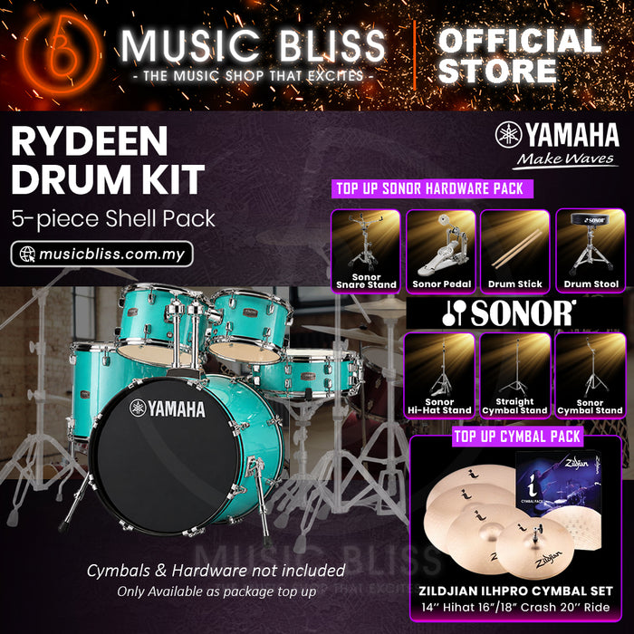 Yamaha Rydeen 5-Piece Acoustic Drum Kit – 22" Bass Drum – Shell Pack Only or Complete Package with Hardware & Cymbals - Turquoise Glitter