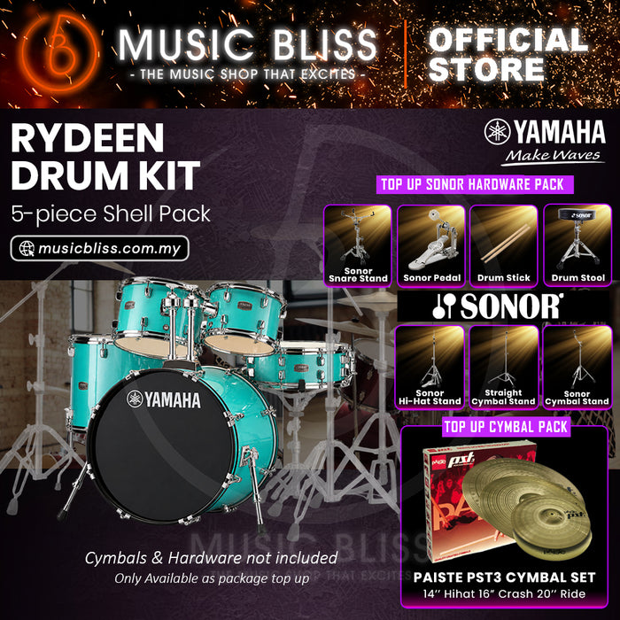 Yamaha Rydeen 5-Piece Acoustic Drum Kit – 22" Bass Drum – Shell Pack Only or Complete Package with Hardware & Cymbals - Turquoise Glitter