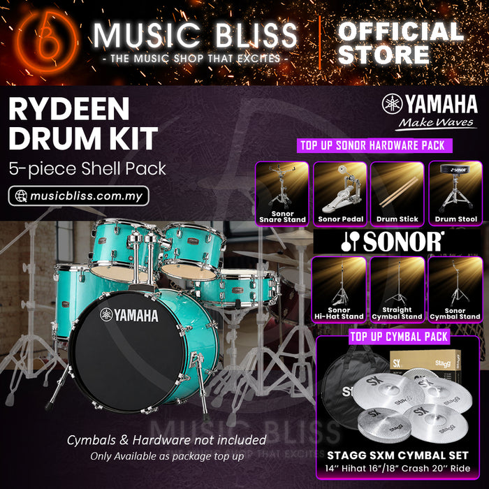 Yamaha Rydeen 5-Piece Acoustic Drum Kit – 22" Bass Drum – Shell Pack Only or Complete Package with Hardware & Cymbals - Turquoise Glitter