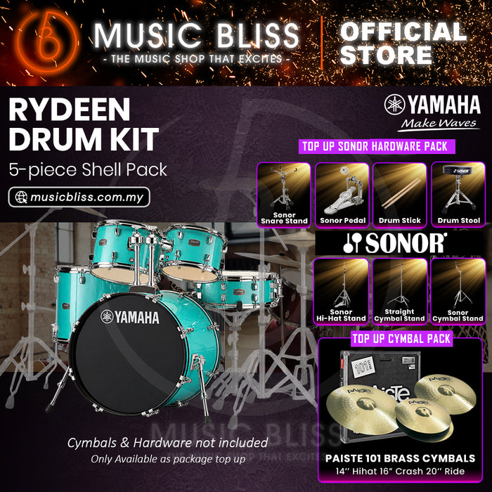 Yamaha Rydeen 5-Piece Acoustic Drum Kit – 22" Bass Drum – Shell Pack Only or Complete Package with Hardware & Cymbals - Turquoise Glitter