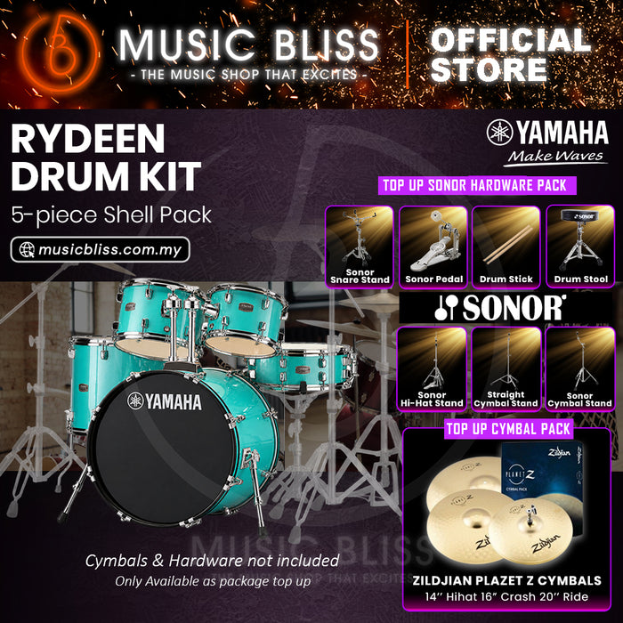 Yamaha Rydeen 5-Piece Acoustic Drum Kit – 22" Bass Drum – Shell Pack Only or Complete Package with Hardware & Cymbals - Turquoise Glitter