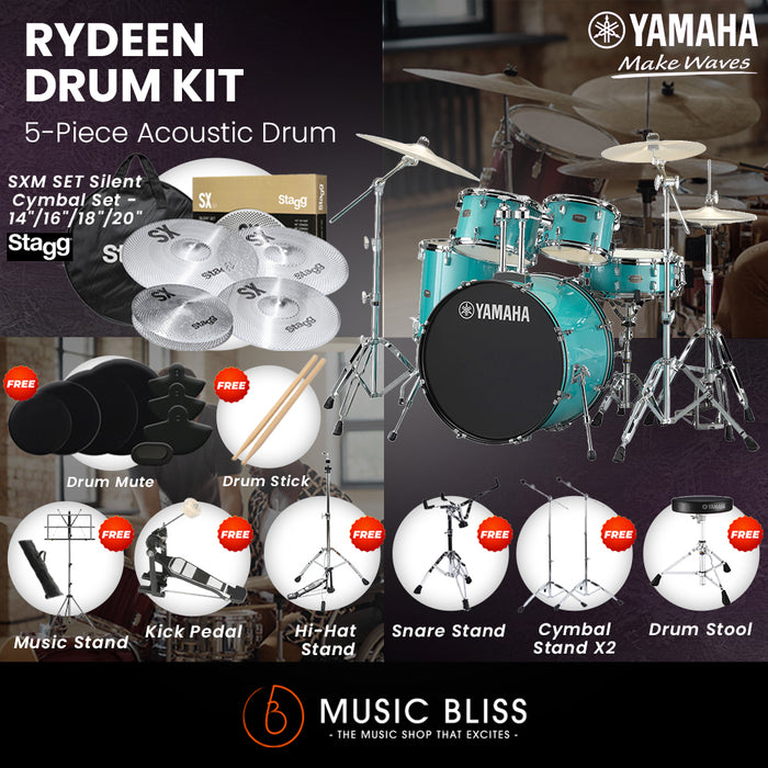 Yamaha Rydeen 5-Piece Acoustic Drum Kit – 22" Bass Drum – Shell Pack Only or Complete Package with Hardware & Cymbals - Turquoise Glitter