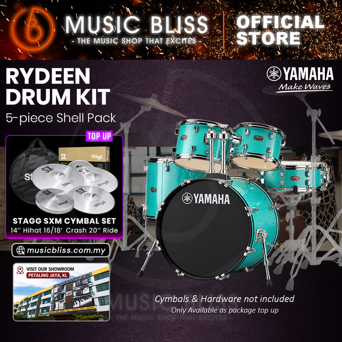 Yamaha Rydeen 5-Piece Acoustic Drum Kit – 22" Bass Drum – Shell Pack Only or Complete Package with Hardware & Cymbals - Turquoise Glitter