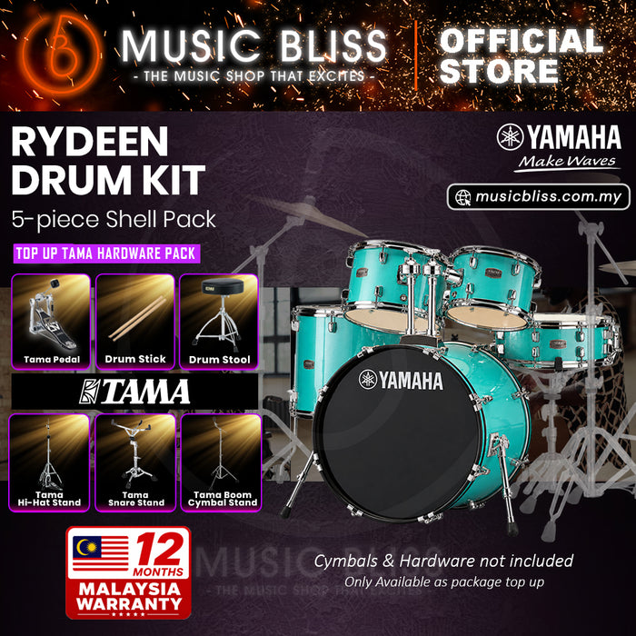 Yamaha Rydeen 5-Piece Acoustic Drum Kit – 22" Bass Drum – Shell Pack Only or Complete Package with Hardware & Cymbals - Turquoise Glitter