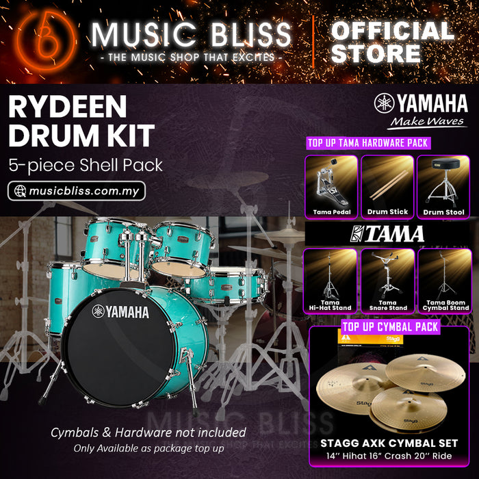 Yamaha Rydeen 5-Piece Acoustic Drum Kit – 22" Bass Drum – Shell Pack Only or Complete Package with Hardware & Cymbals - Turquoise Glitter