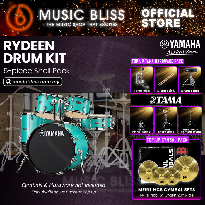 Yamaha Rydeen 5-Piece Acoustic Drum Kit – 22" Bass Drum – Shell Pack Only or Complete Package with Hardware & Cymbals - Turquoise Glitter